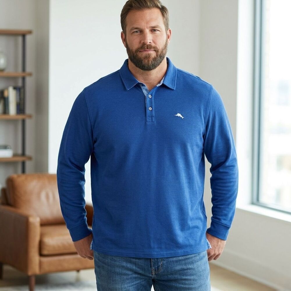 Tommy Bahama IslandZone Polo Shirt Blue Mens XXL 2XL Long Sleeve Performance